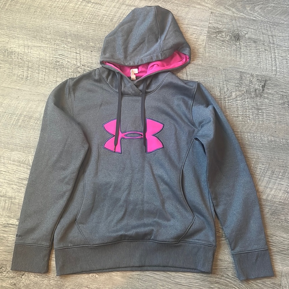 Women’s Under Armour Grey Sweatshirt Hoodie with pink purple accents, Sz Medium
